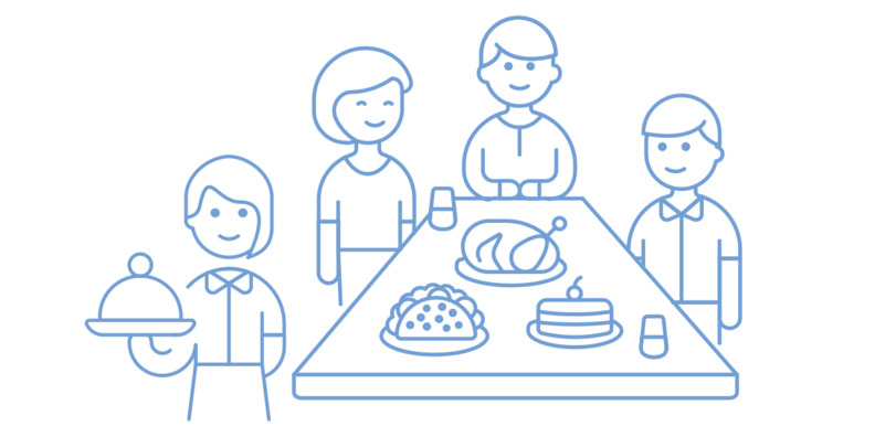 Illustration personer vid ett dukat middagsbord